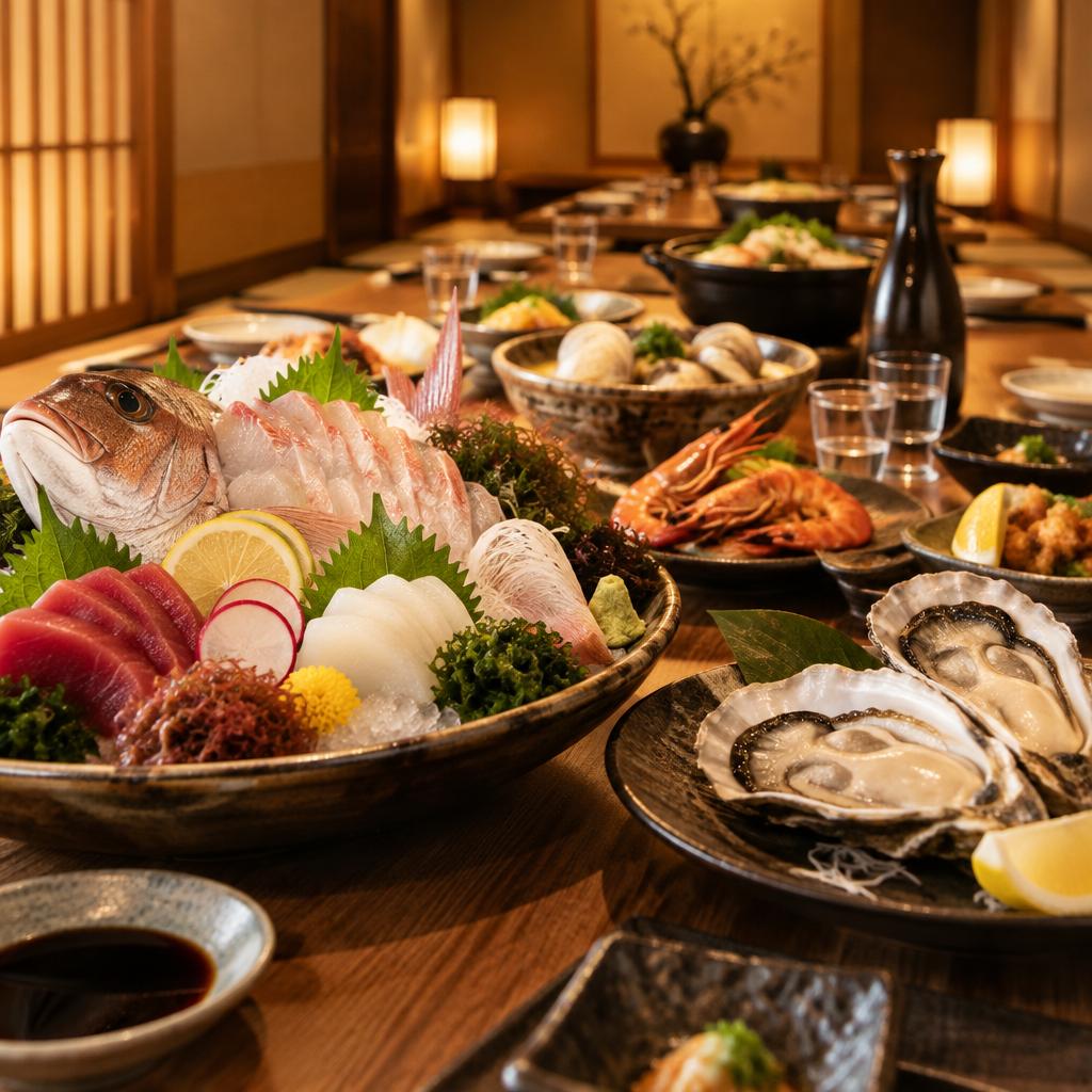 あびこで海鮮宴会なら、貸切で気兼ねなく。旬の味とお酒を囲む、心ほどけるひとときを。